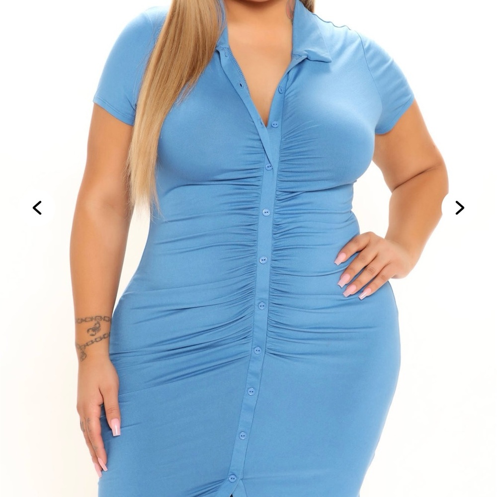 Blue Button-Down Ruched Dress - Picture 2 of 2